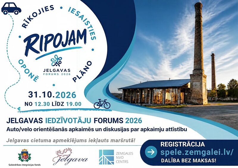Iedzīvotāju forums „RIPOJAM” 31. oktobrī aicina iepazīt Jelgavas apkaimes un kopīgi lemt par pilsētas nākotni